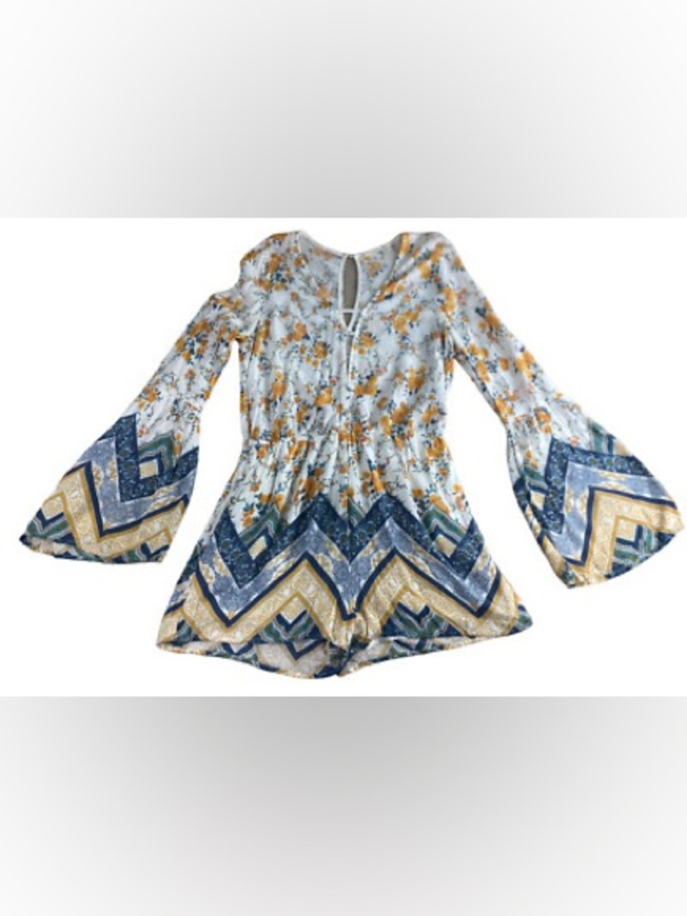 Chloe & Katie Blue, Yellow and Cream Floral Bell Sleeve Romper
